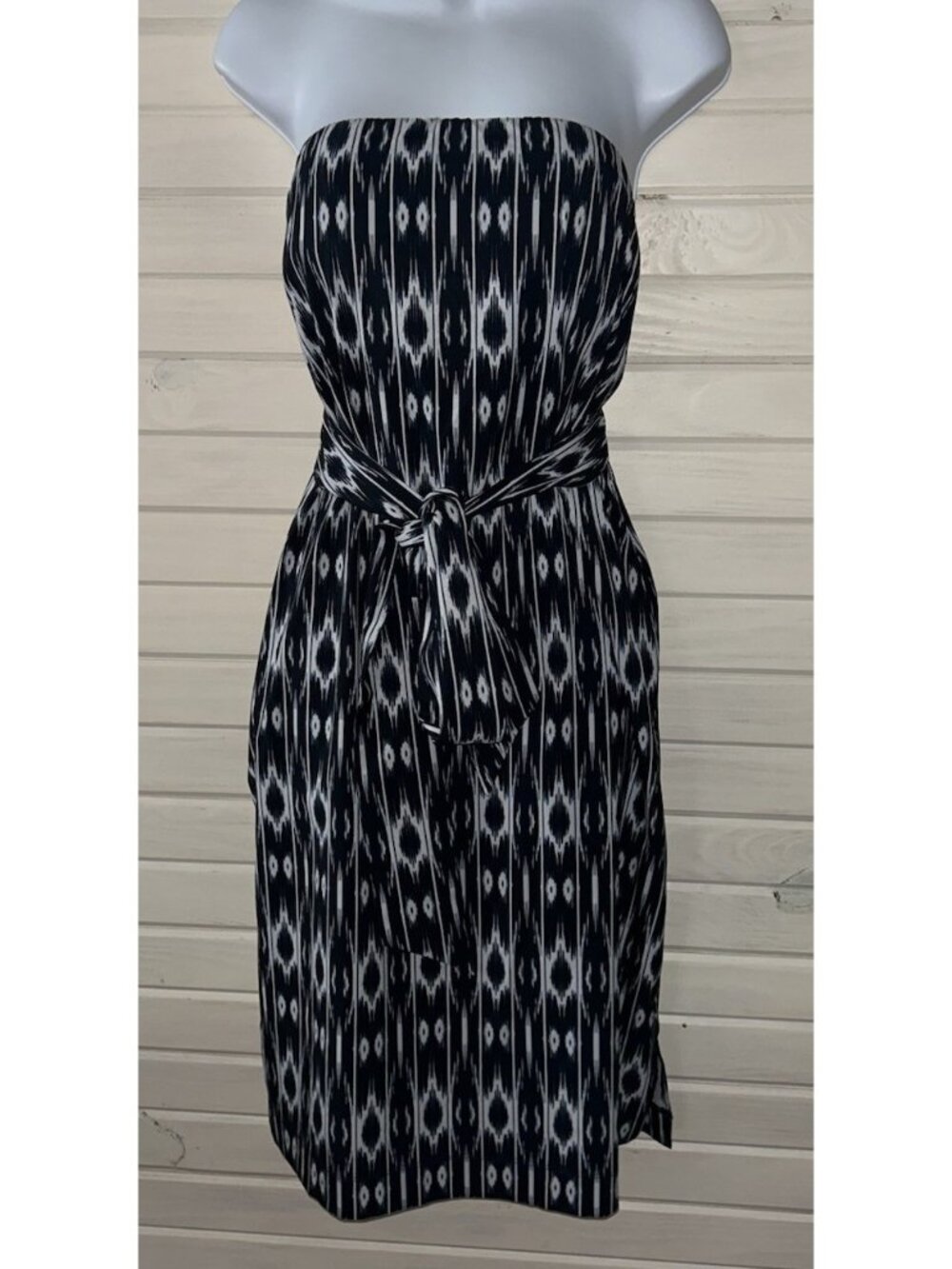 Athleta Sz 12 Navy Blue Ikat Everyday Dress Strapless Sash Tie Stretch EUC